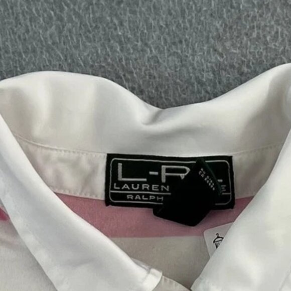 Lauren Ralph Lauren Polo Shirt Womens XL Pink White Striped Collared Rugby Top - Picture 11 of 11